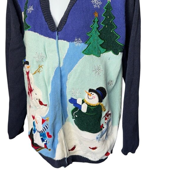 Quacker Factory Cardigan Sweater Snowman Christmas Tree Holiday Winter Theme Lg - Picture 3 of 16